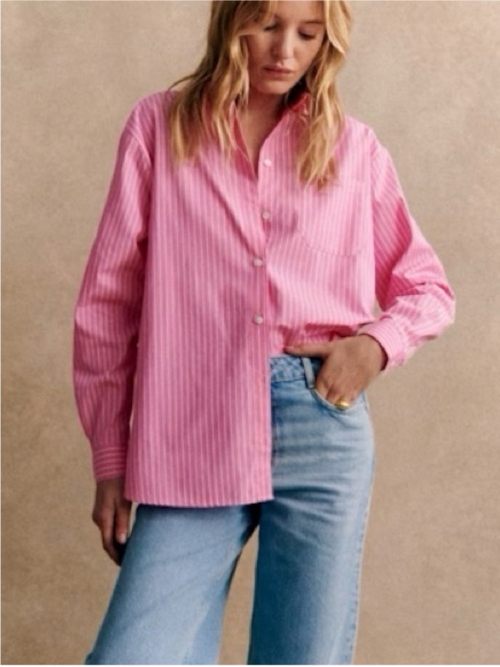 Sézane Max Oversized Pink Stripe Organic Cotton Button Down Shirt FR 44 US 12 - Picture 2 of 16